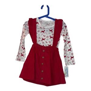 Carter's New Christmas Set Red Suspender Skirt Reindeer Candy Cane Top Size 3T